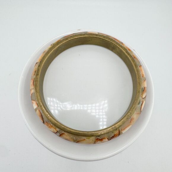 Vintage 1970s Mosaic Shell Inlay Bangle Brass Bracelet Boho Natural Earth Tone - Picture 9 of 10